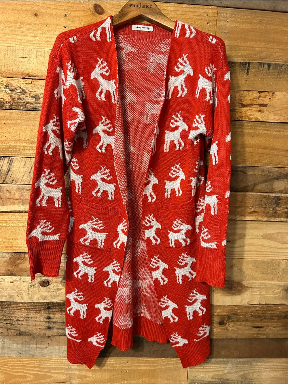 Red Long Open Front Reindeer Cardigan Holiday Sz S Pockets Winter Festive